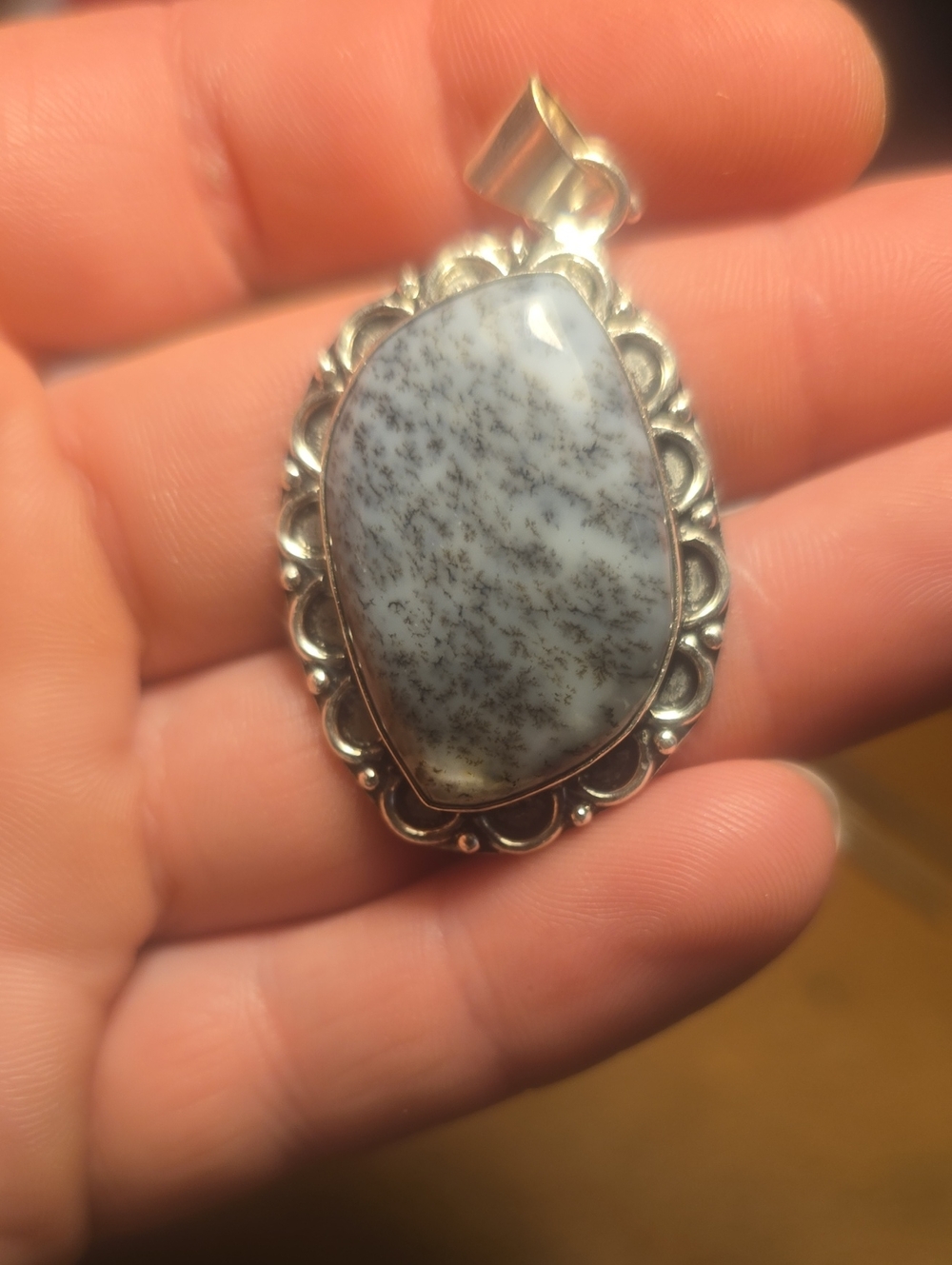 Dendritic Opal Agate Sterling Silver Pendant - White and Gray